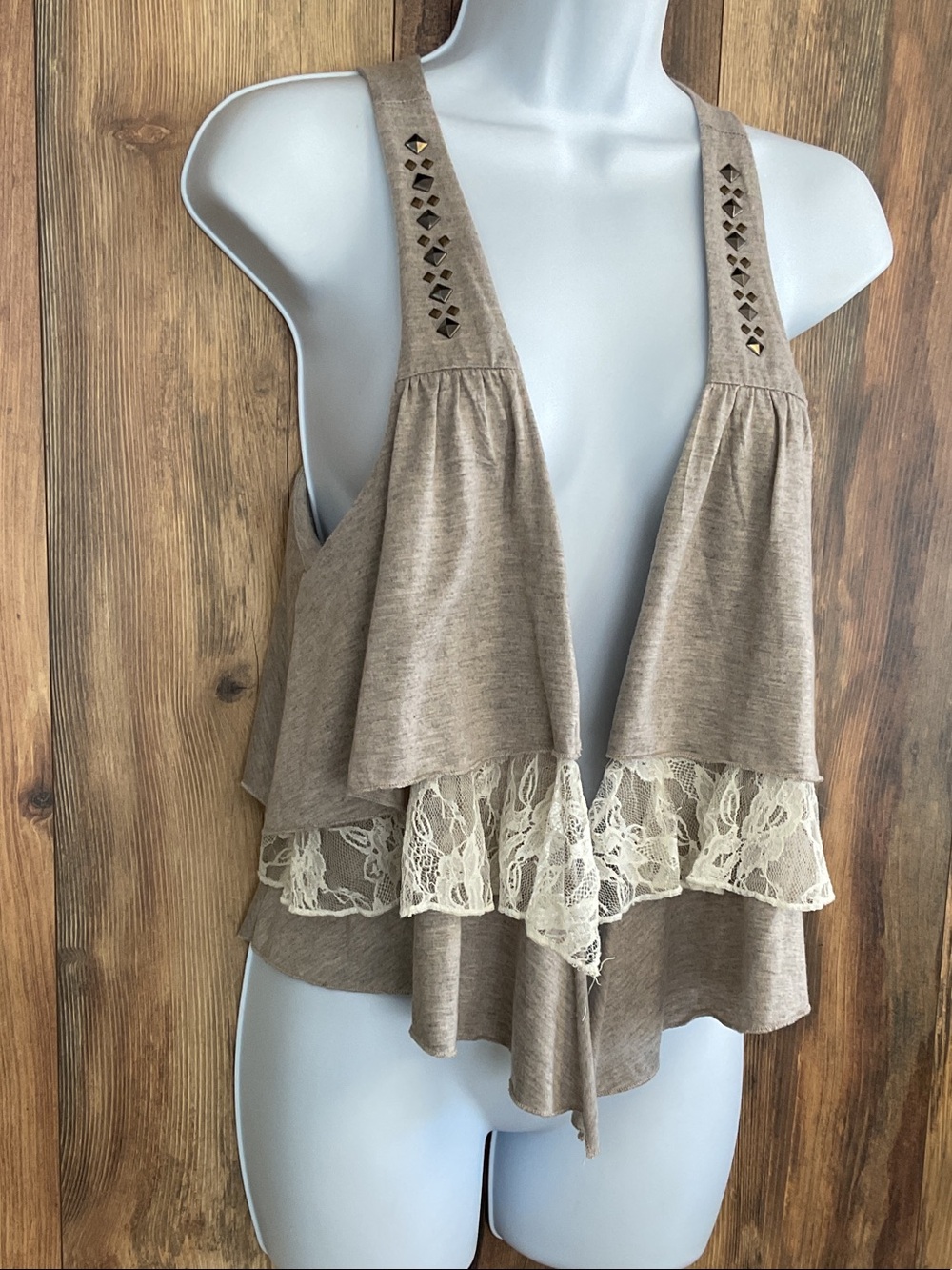 Daytrip Taupe Ruffle Lace-Trim Studded Cardigan Tank Top